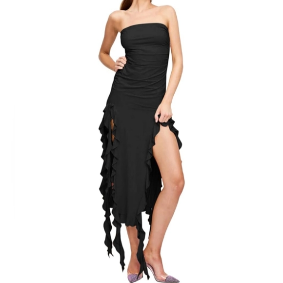 Sexy Y2K Black Stretch Maxi Date Dress Long Gown High Slit Ruffle Strapless LBD - Picture 4 of 14